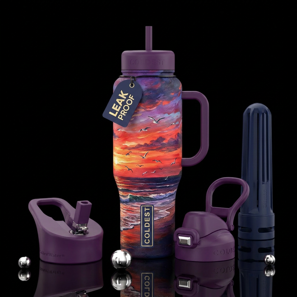 Sunset at the beach with waves and seagulls flying... water bottle design