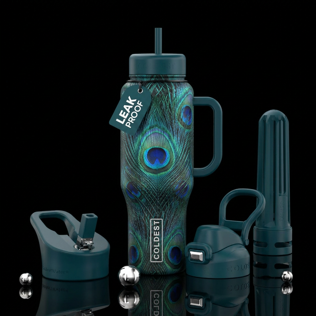 Slight moody, shimmer peacock feathers design with... water bottle design
