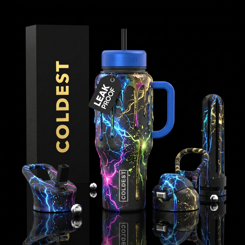 dripping, explosive, magical, happy mood, electric... water bottle design