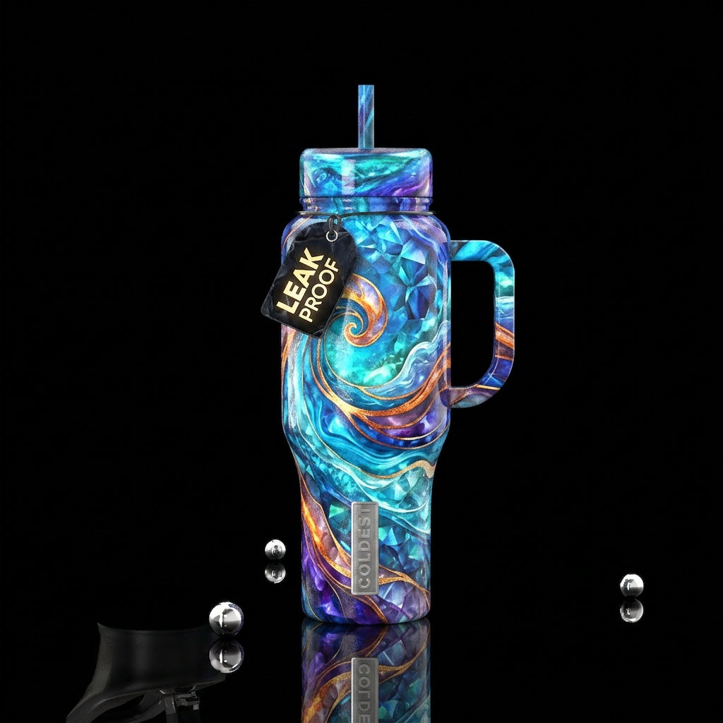 ocean, waves, magical, swirls, vibrant, gemstone, ... water bottle design