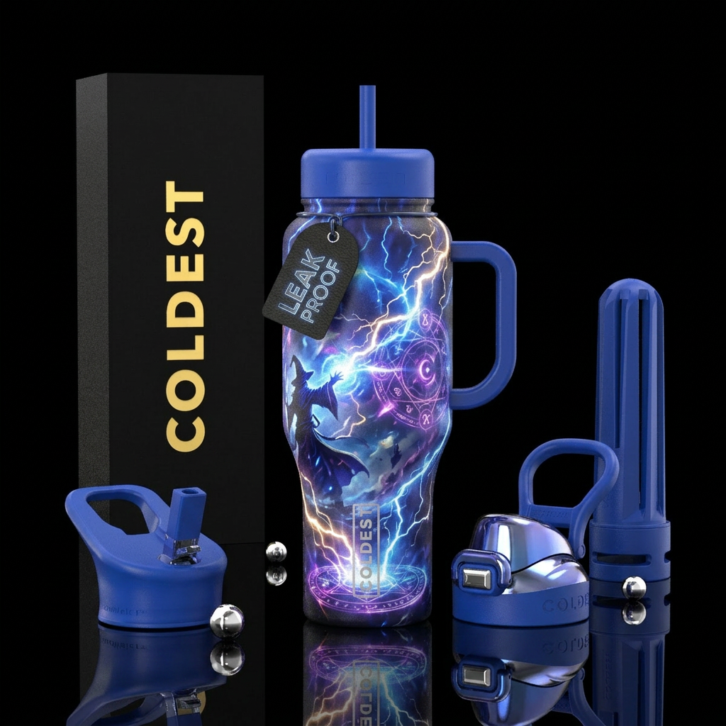 wizard, magical, electric, explosive,cobalt blue, ... water bottle design
