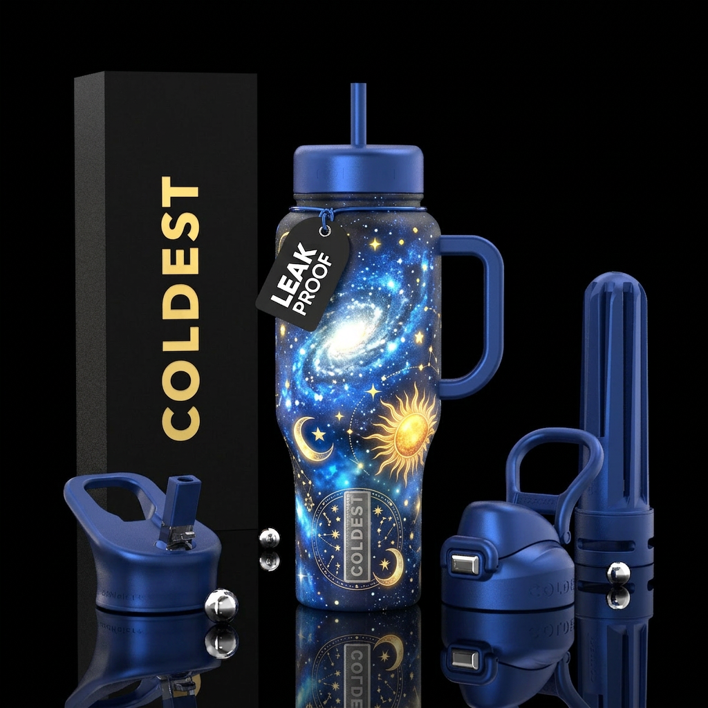 Sun,moon,stars,, vibrant, beautiul, magical, glowi... water bottle design