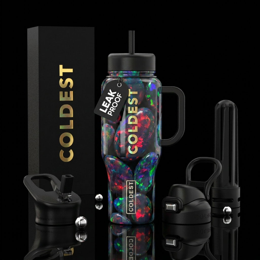Australian black opals.With a black background with water bottle design