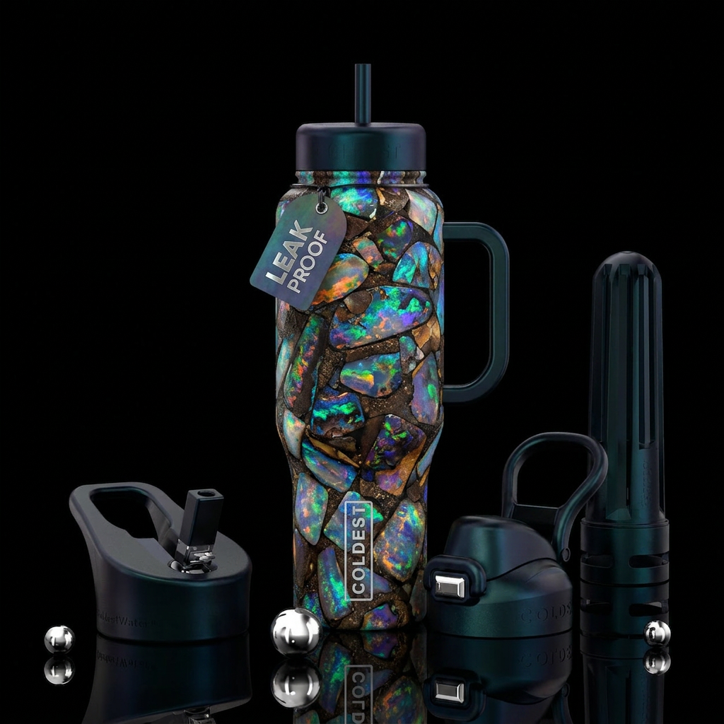 Australian boulder opals with a black background water bottle design