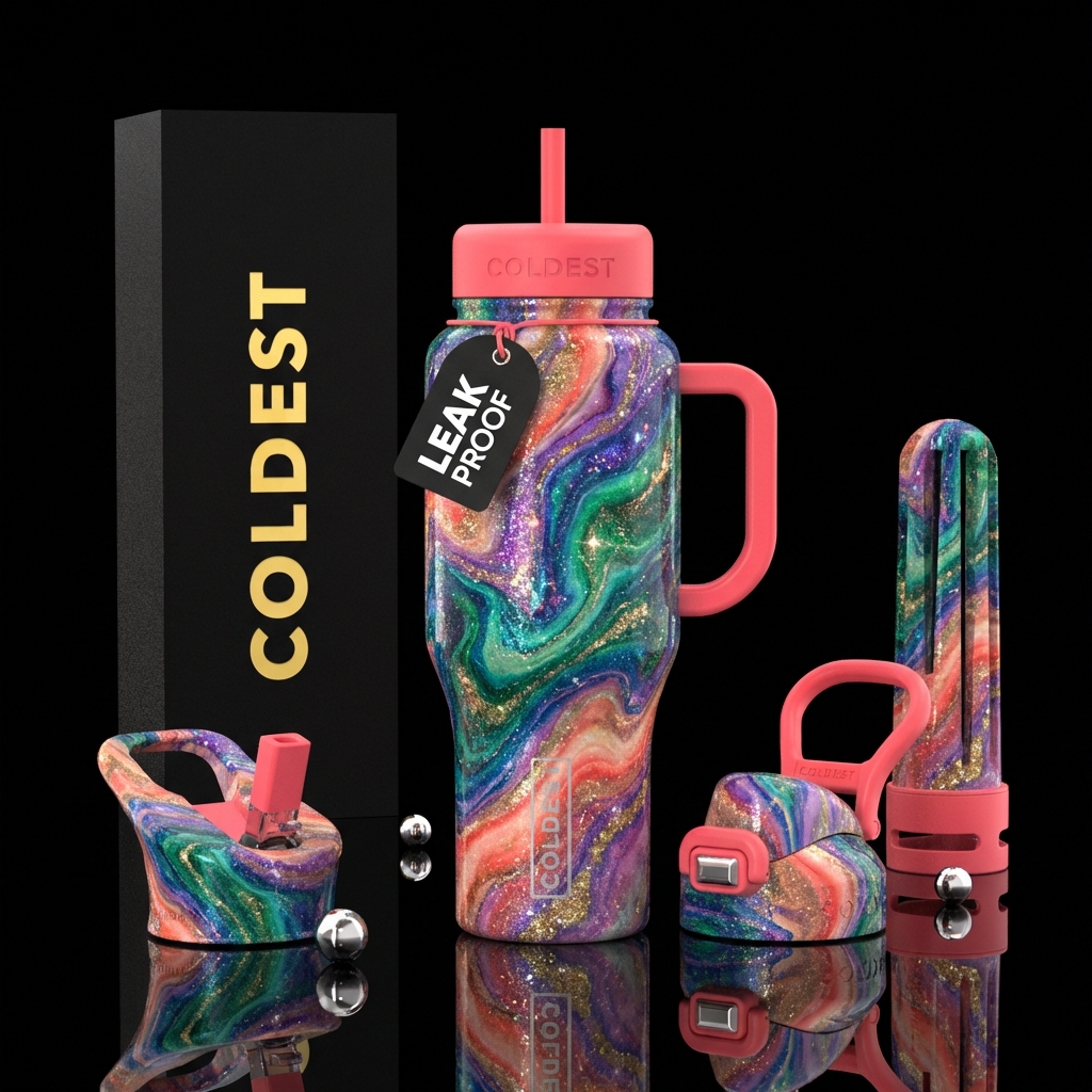 Marble, luxurious, whimsical, sparkly, water bottle design