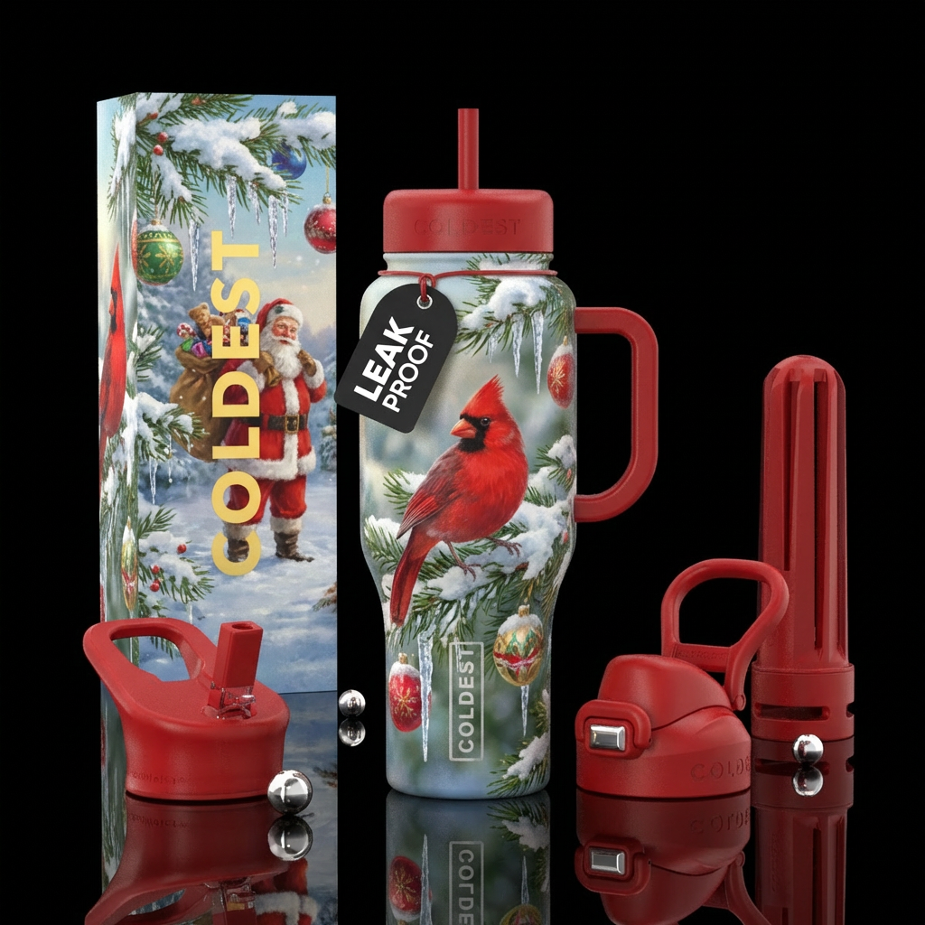 A bright red cardinal sitting in a Christmas tree ... water bottle design