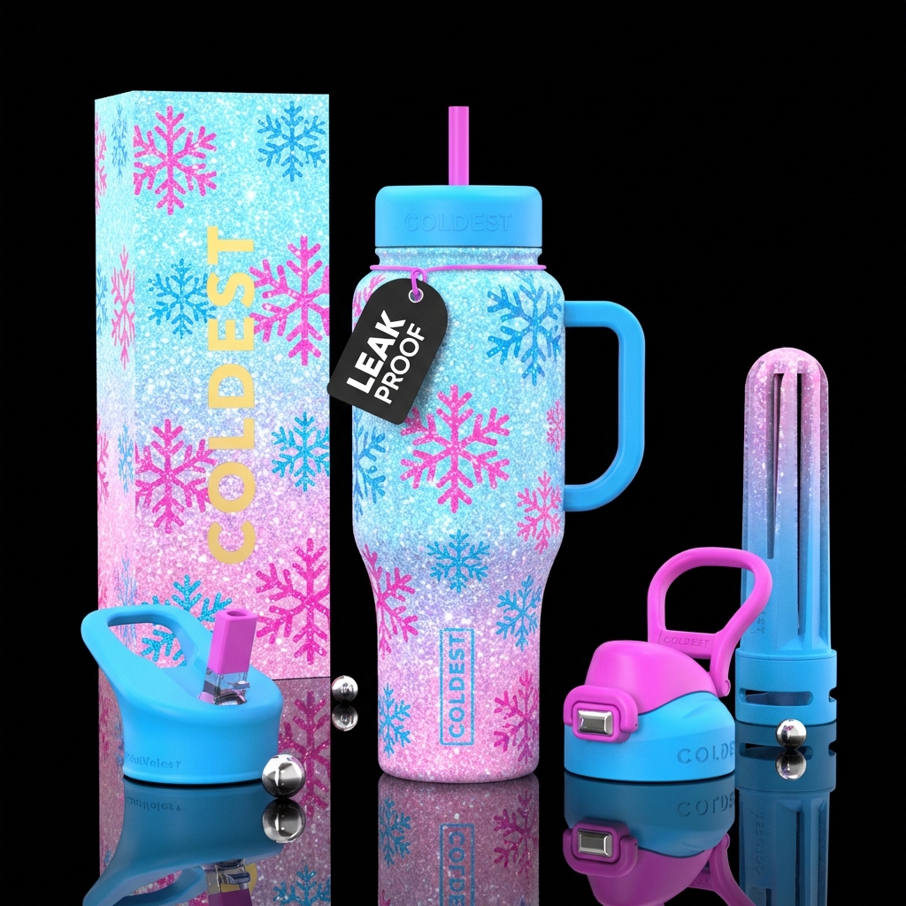 Light blue & pink back glittery background.  Pink ... water bottle design