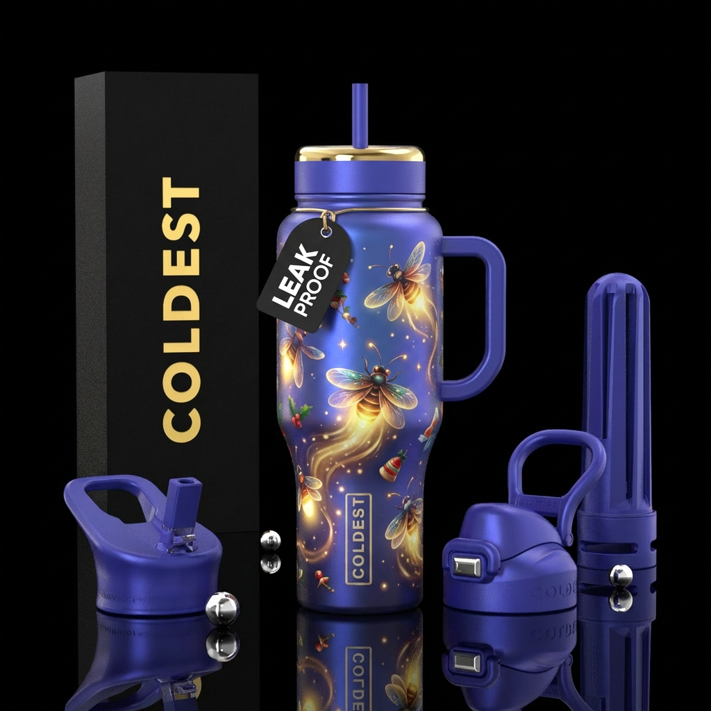 Christmas fireflies, blurple bottle gold rim silky... water bottle design