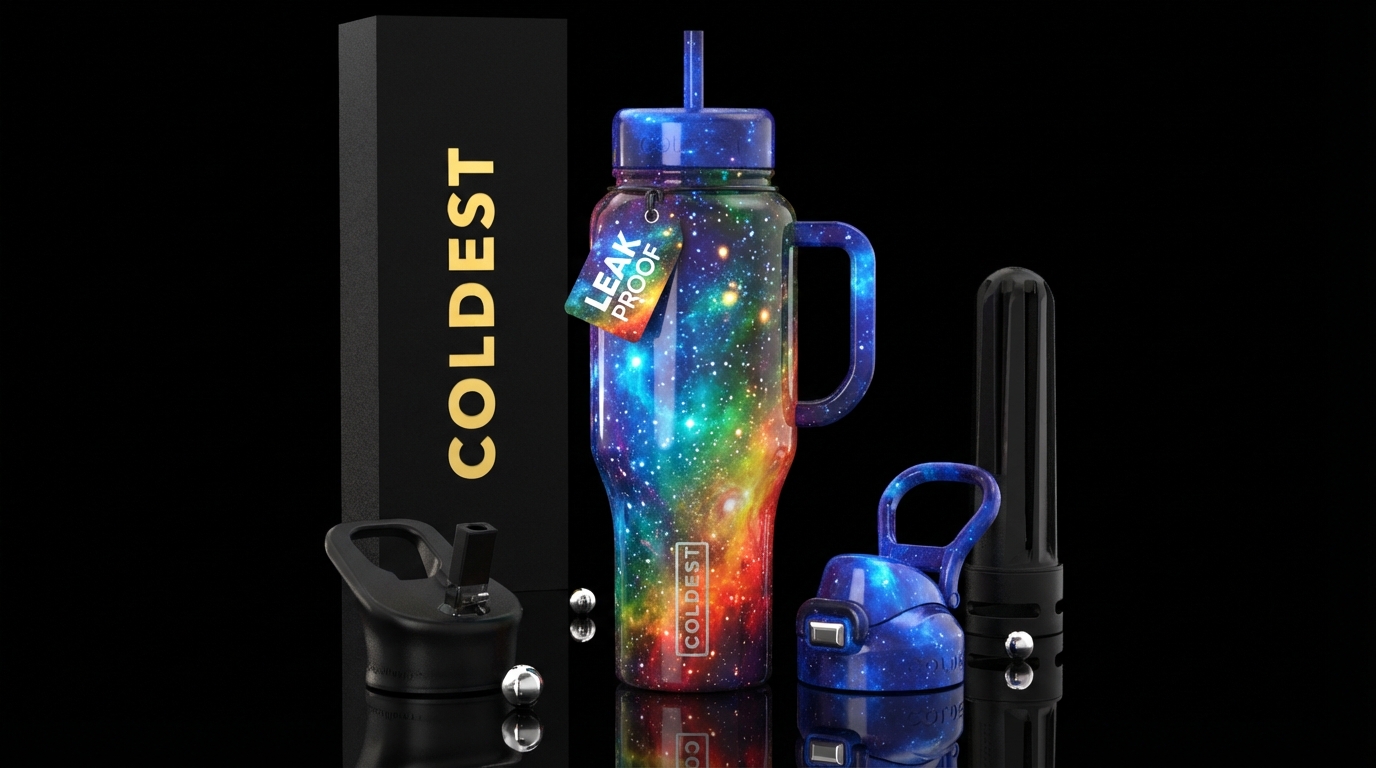 Rainbow galaxy, stars vibrant, realism, shiny water bottle design