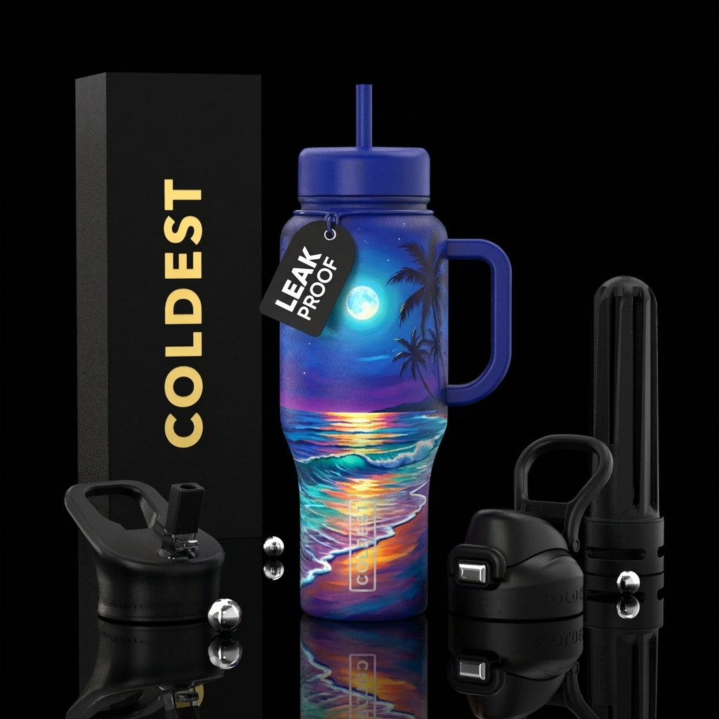 Moonlight  beach vibes realism  vibrant water bottle design