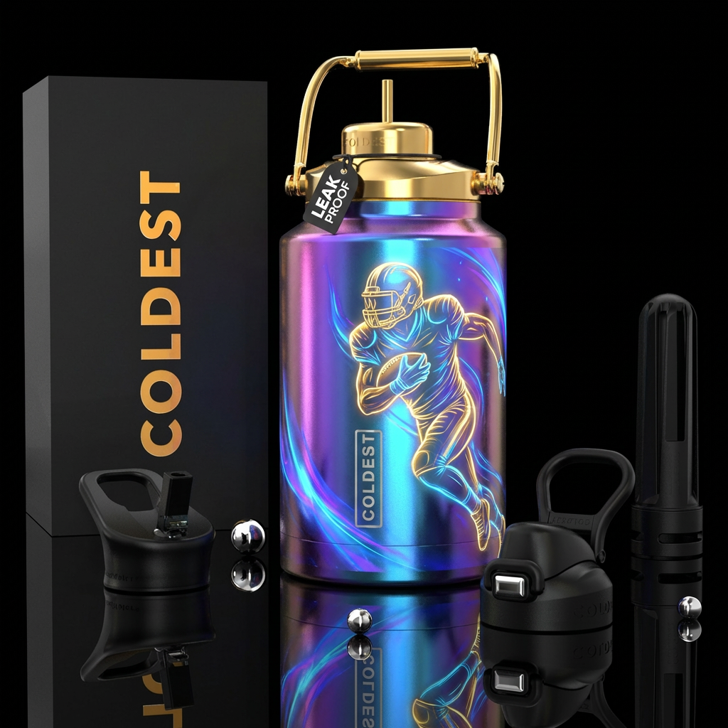 Football Player w/ football in hand,  Glowie Blurp... water bottle design