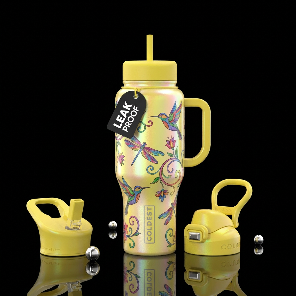 Beautiful colorful floral scrolls throughout cup ,... water bottle design