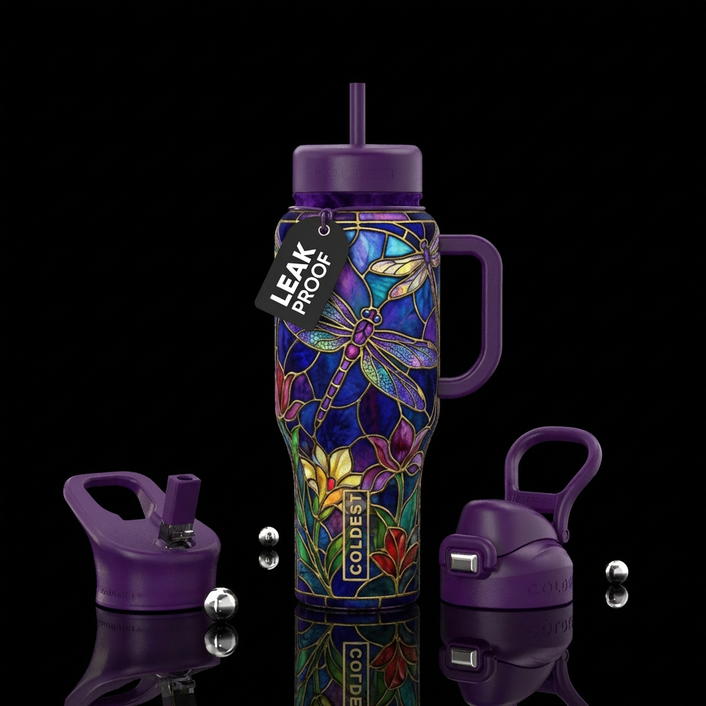 Dragonfly, purple velvet,  stained glass, colorful... water bottle design