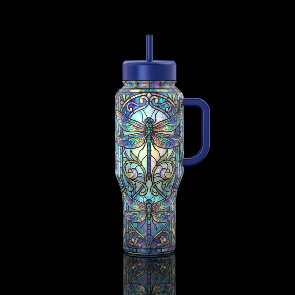 Dragon fly, stained glass.  Gorgeous water bottle design