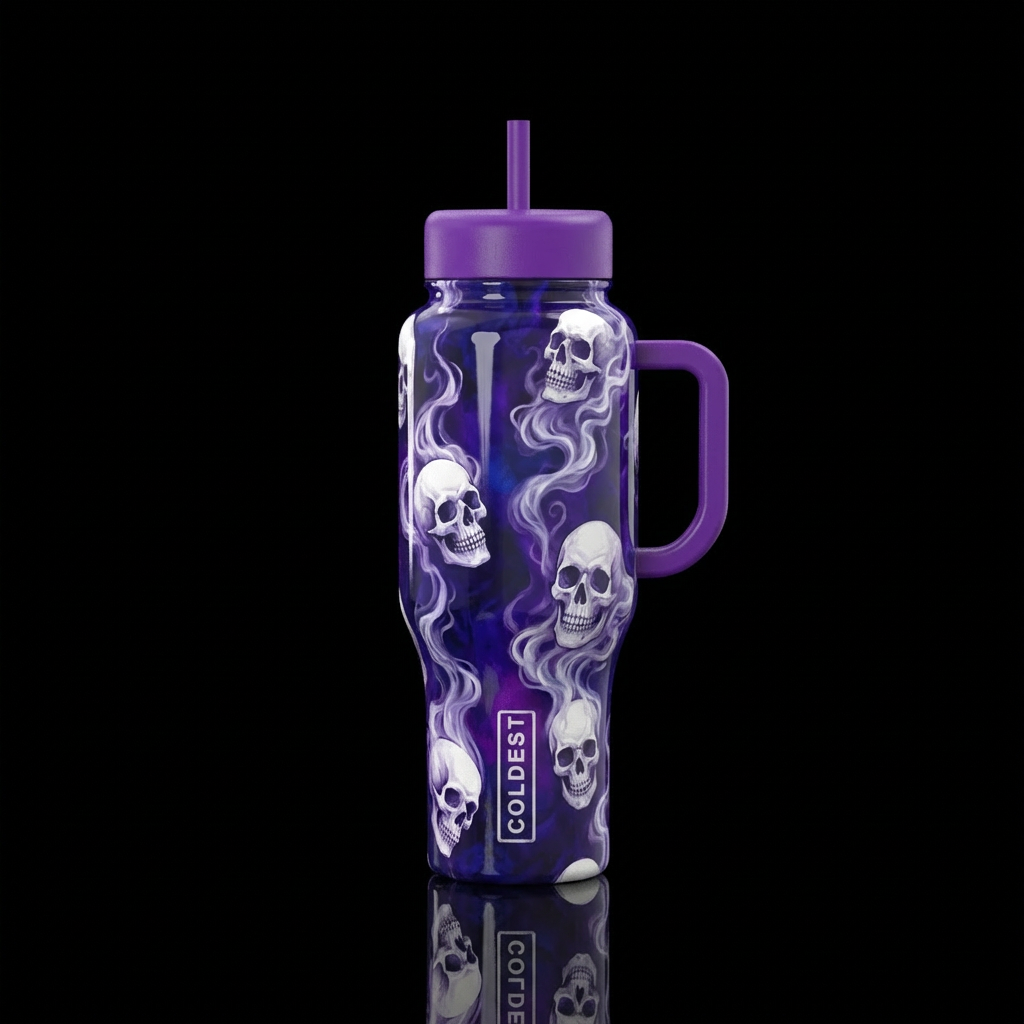 Enchanted white skulls, steam, water bottle design