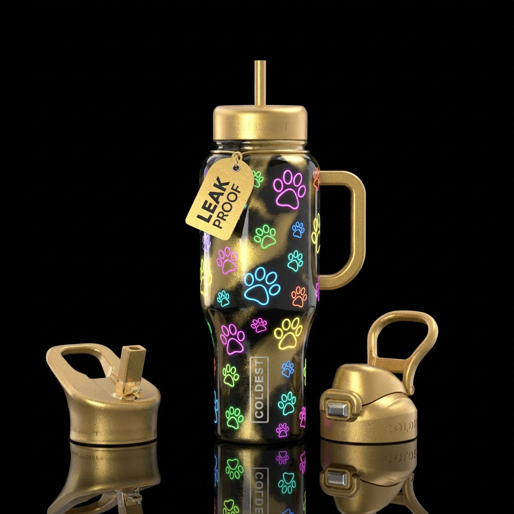 Black & gold bottle, Neon multi colored dog paws, ... water bottle design