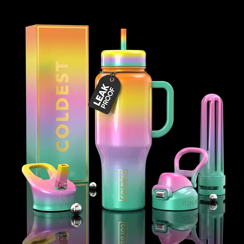 Ombre sea green, light purple, pink, yellow & oran... water bottle design