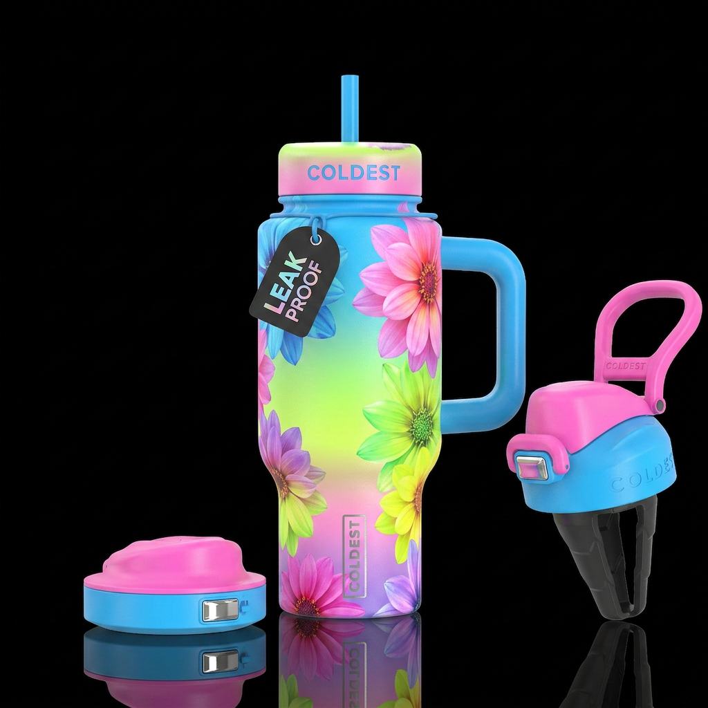 Bright blue, pink, lime green, neon yellow, purple... water bottle design