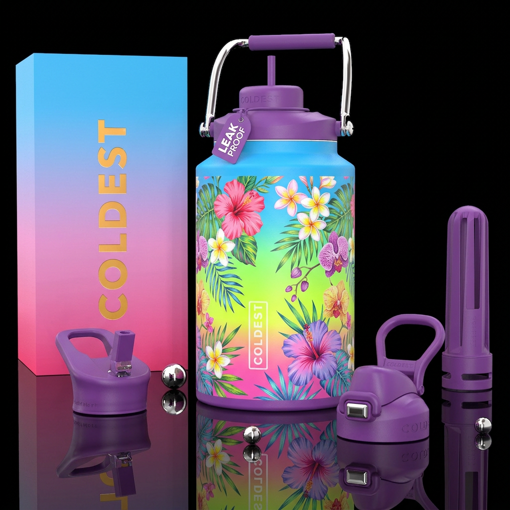 Bright blue, pink, lime green, neon yellow, purple... water bottle design