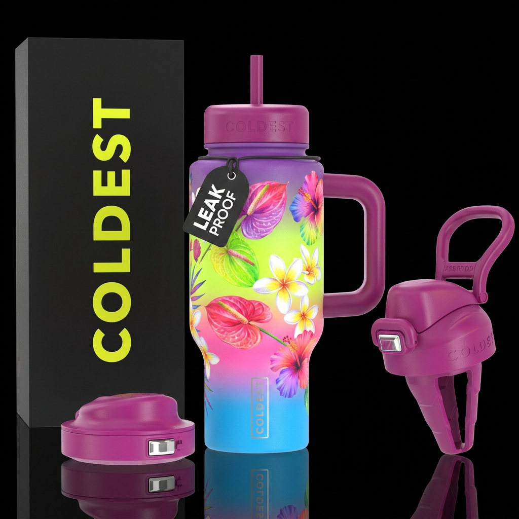 Bright blue, pink, lime green, neon yellow, purple... water bottle design