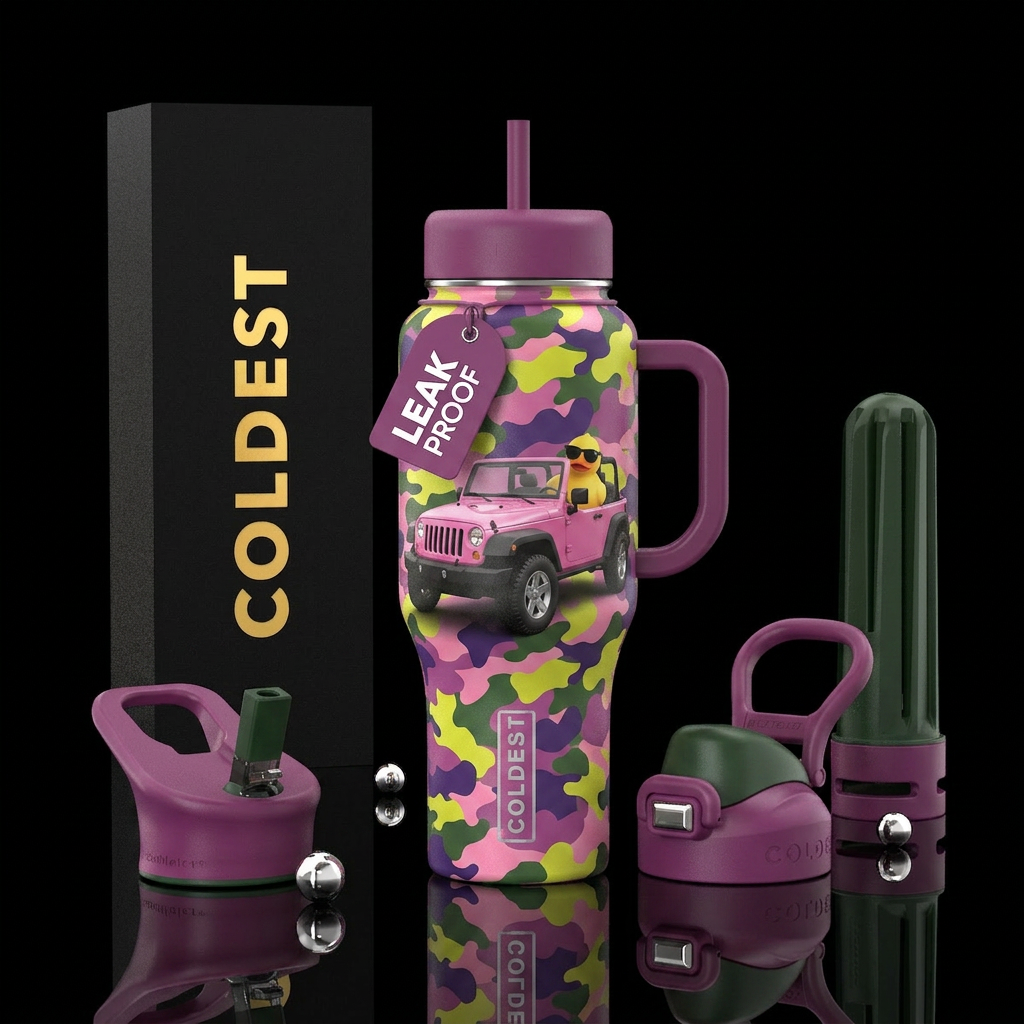 Pink, purple, green & yellow camouflage bottle a p... water bottle design