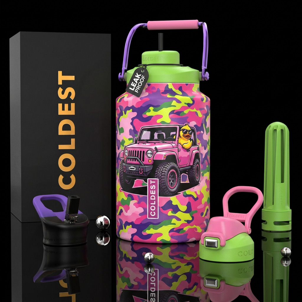 Pink, purple, green & yellow camouflage bottle a p... water bottle design