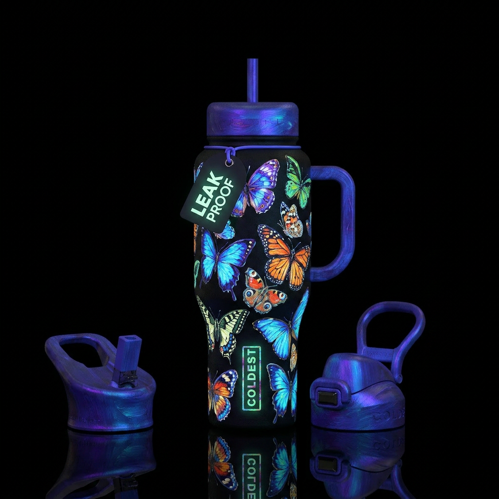 Glow in the dark,oil painting,  Butterflies differ... water bottle design