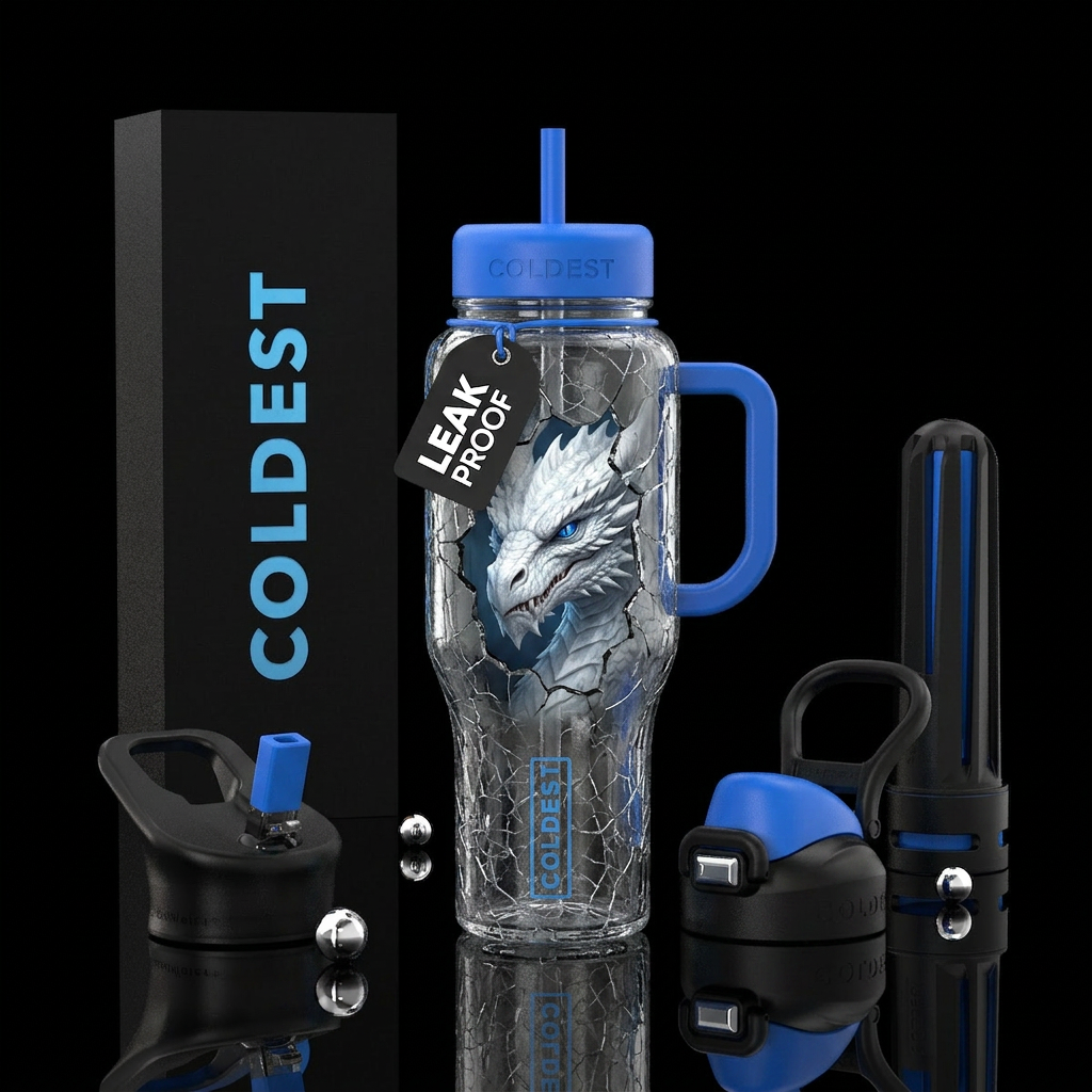 Glass bottle,  cracked, a white dragon w/ blue eye... water bottle design