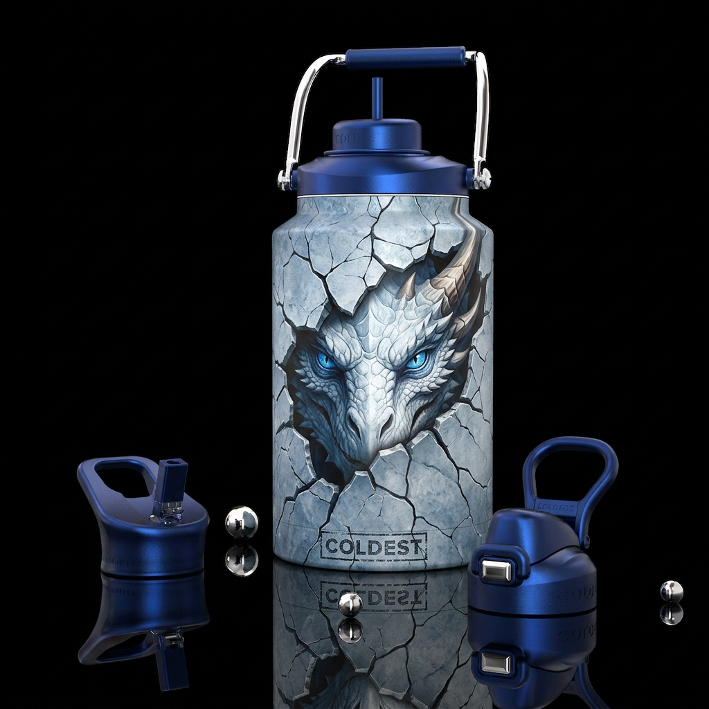 Glass bottle,  cracked, a white dragon w/ blue eye... water bottle design