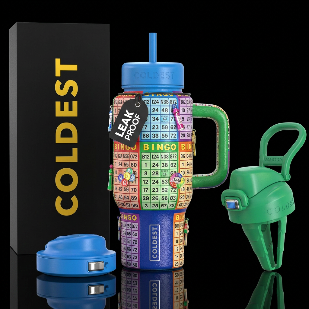 Everything Bingo, shiny, leather water bottle design
