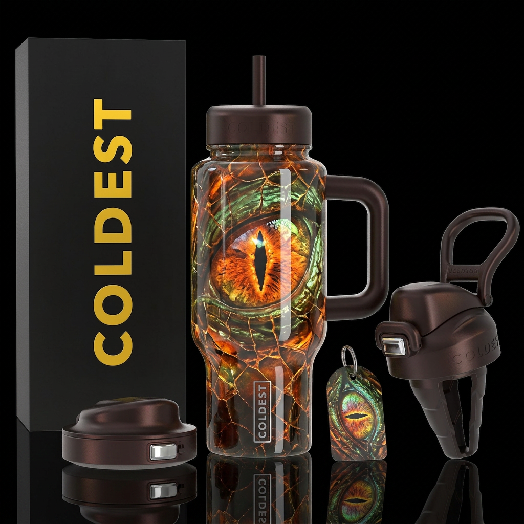 Dragon eye, cracked bottle, glassy look, realistic water bottle design