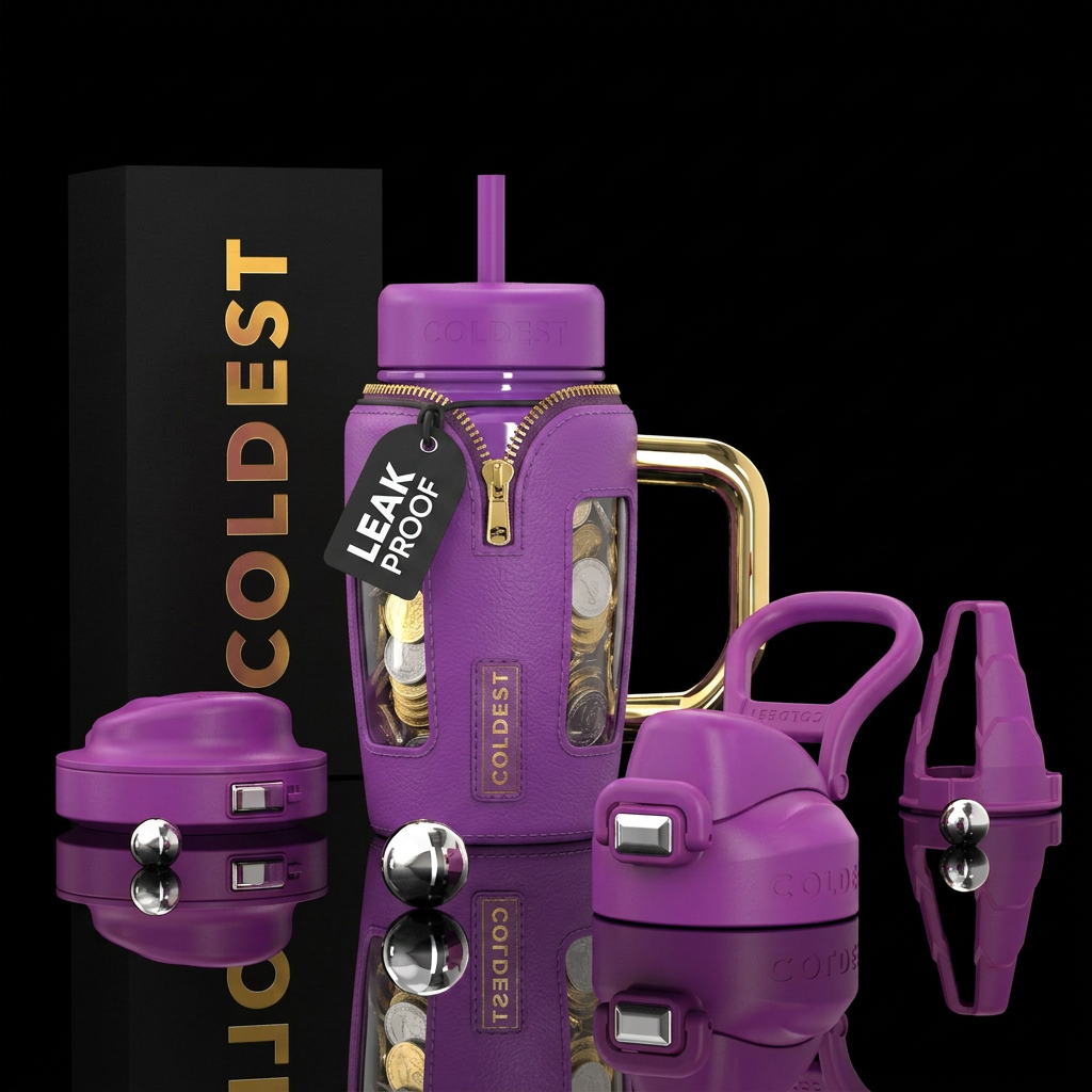 Piggy bank w/ a leather zip up cover opening from ... water bottle design