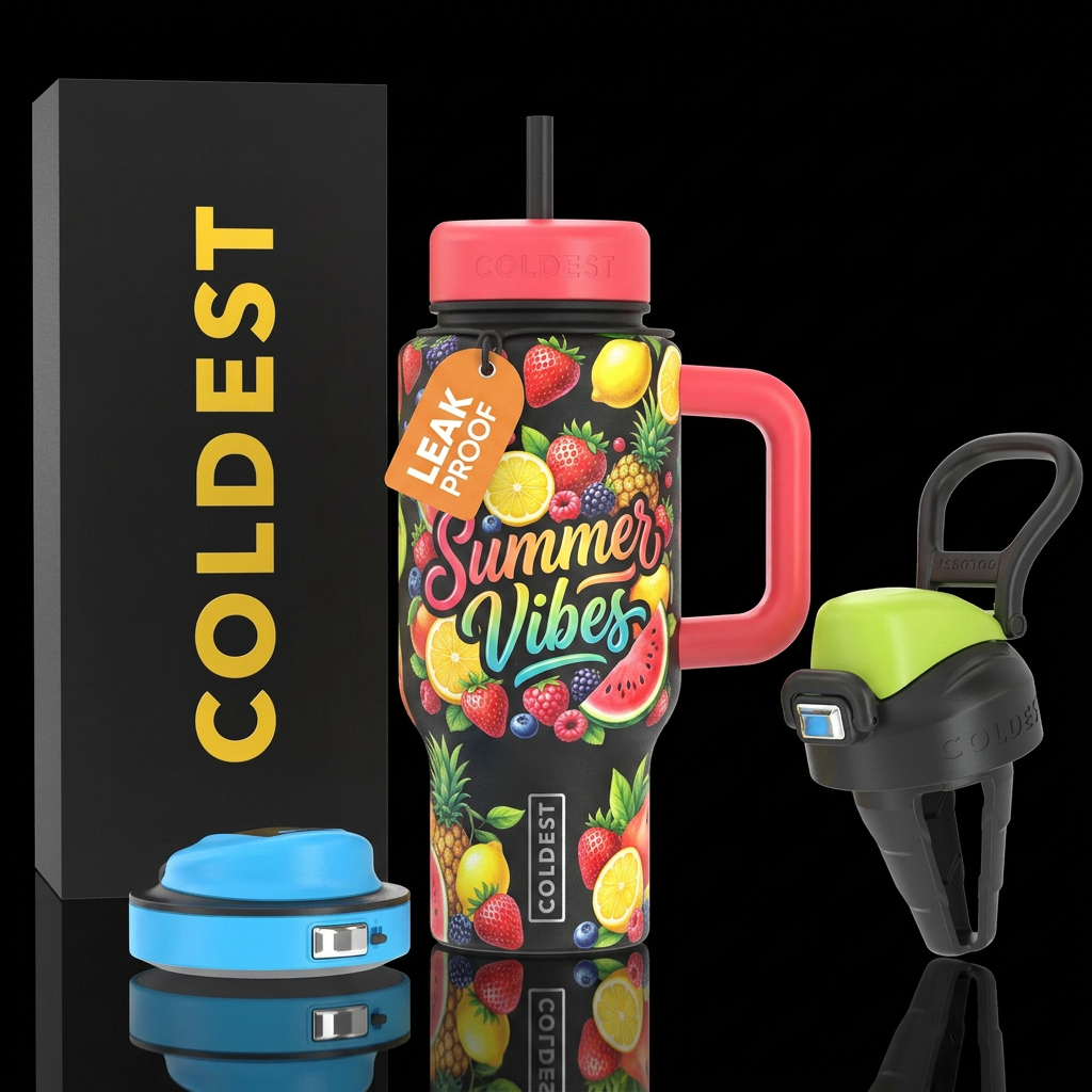 Fruit bottle with words Summer vibes on the bottle... water bottle design