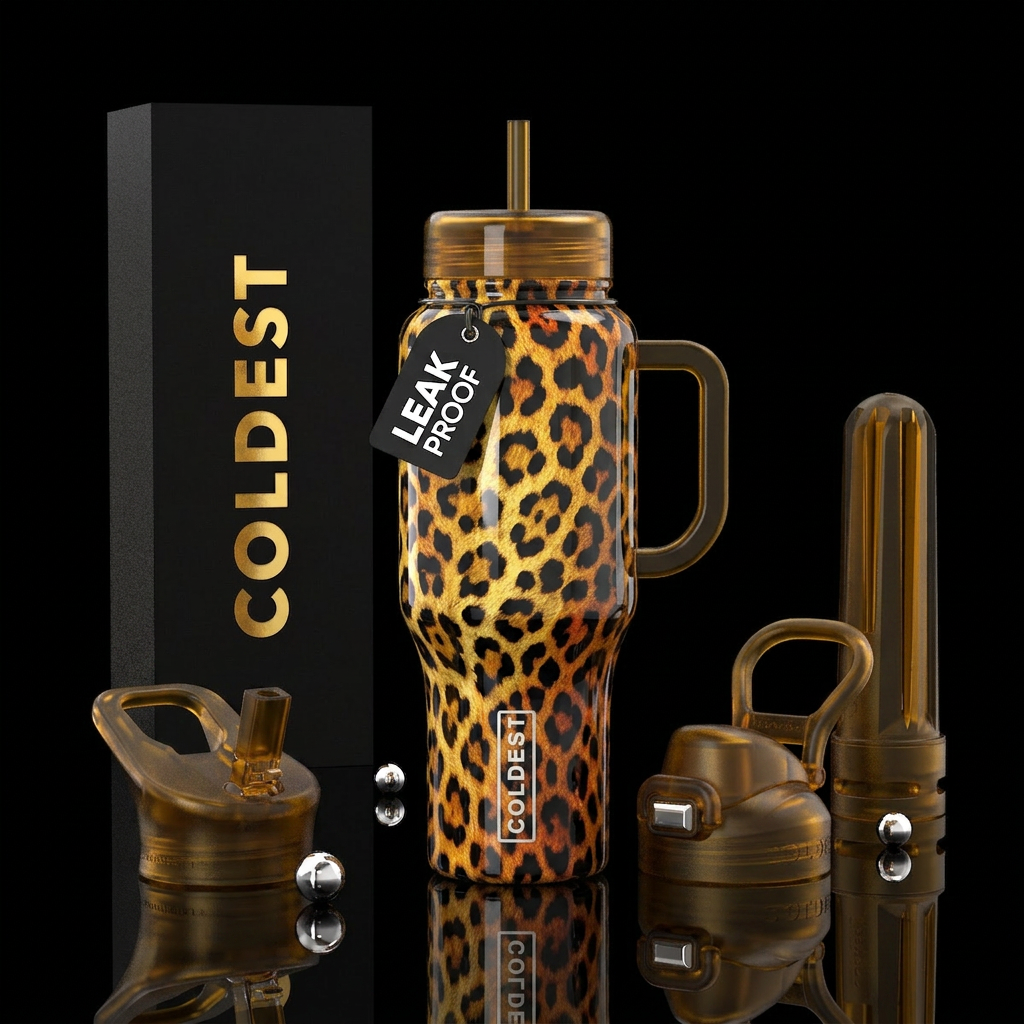 Glass shiny leopard skin bottle, realistic look water bottle design