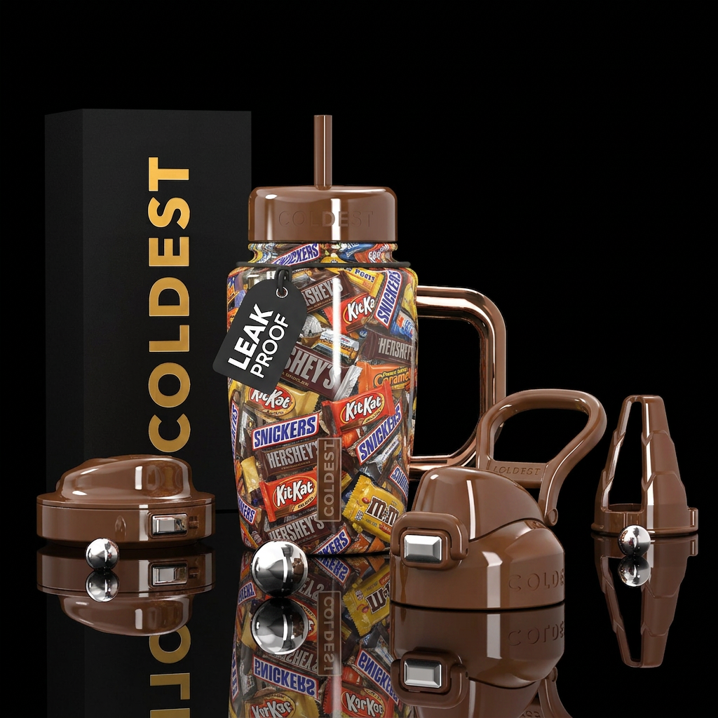 Candy bars all different,  shiny, realistic water bottle design