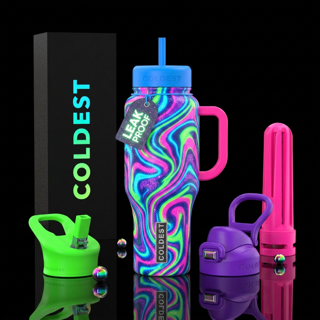 Neon colors, whimsical,  glimmery, slight glitter,... water bottle design