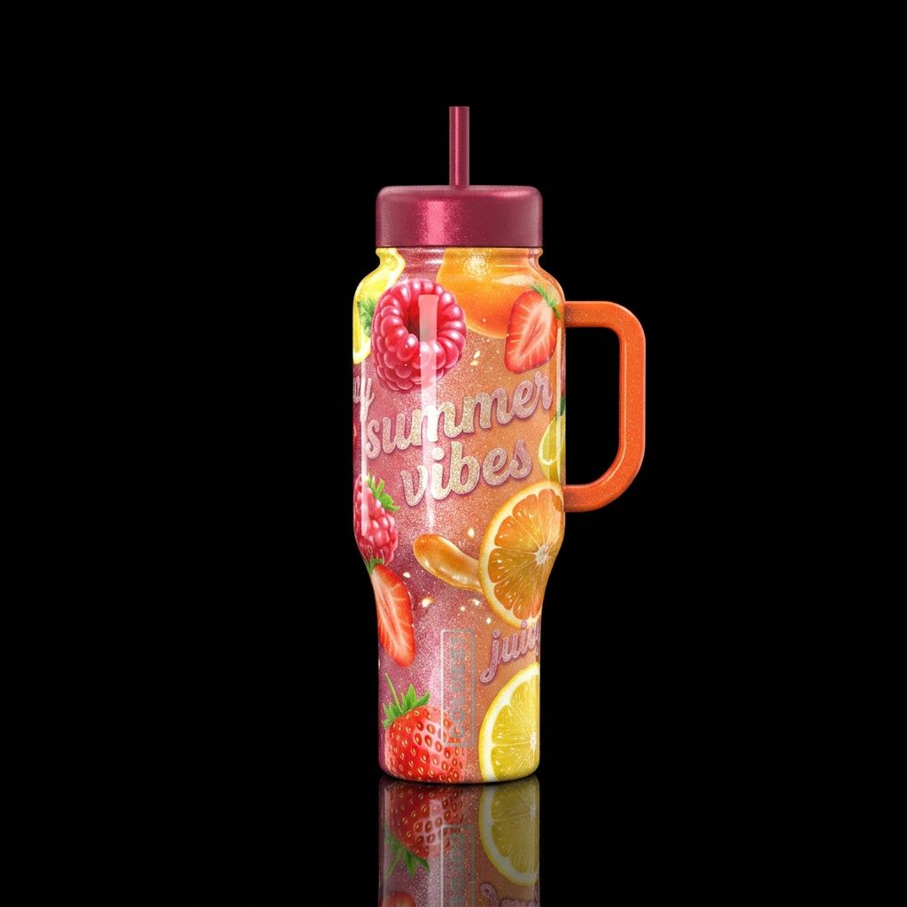 Juicy fruit with words summer vibes, juicy,  shiny... water bottle design