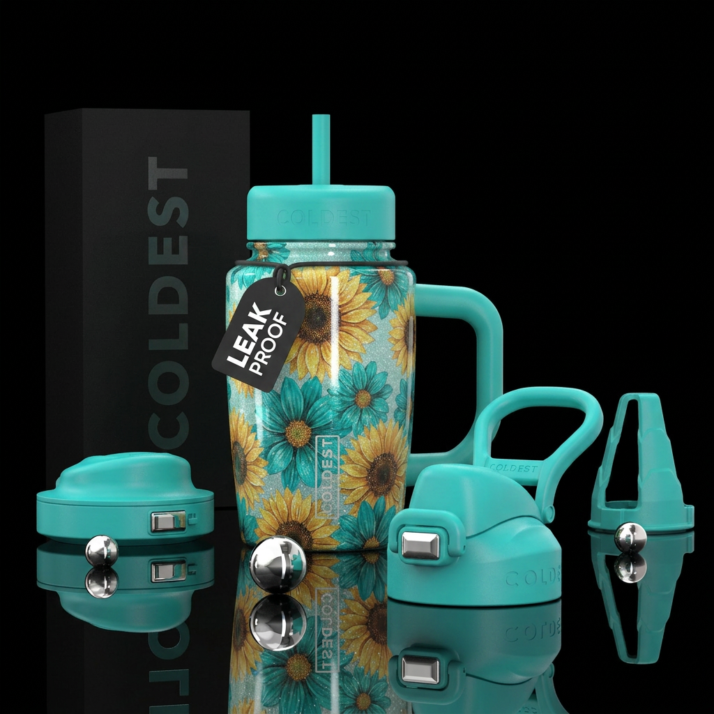 Sunflowers mixed with teal flowers all over bottle... water bottle design