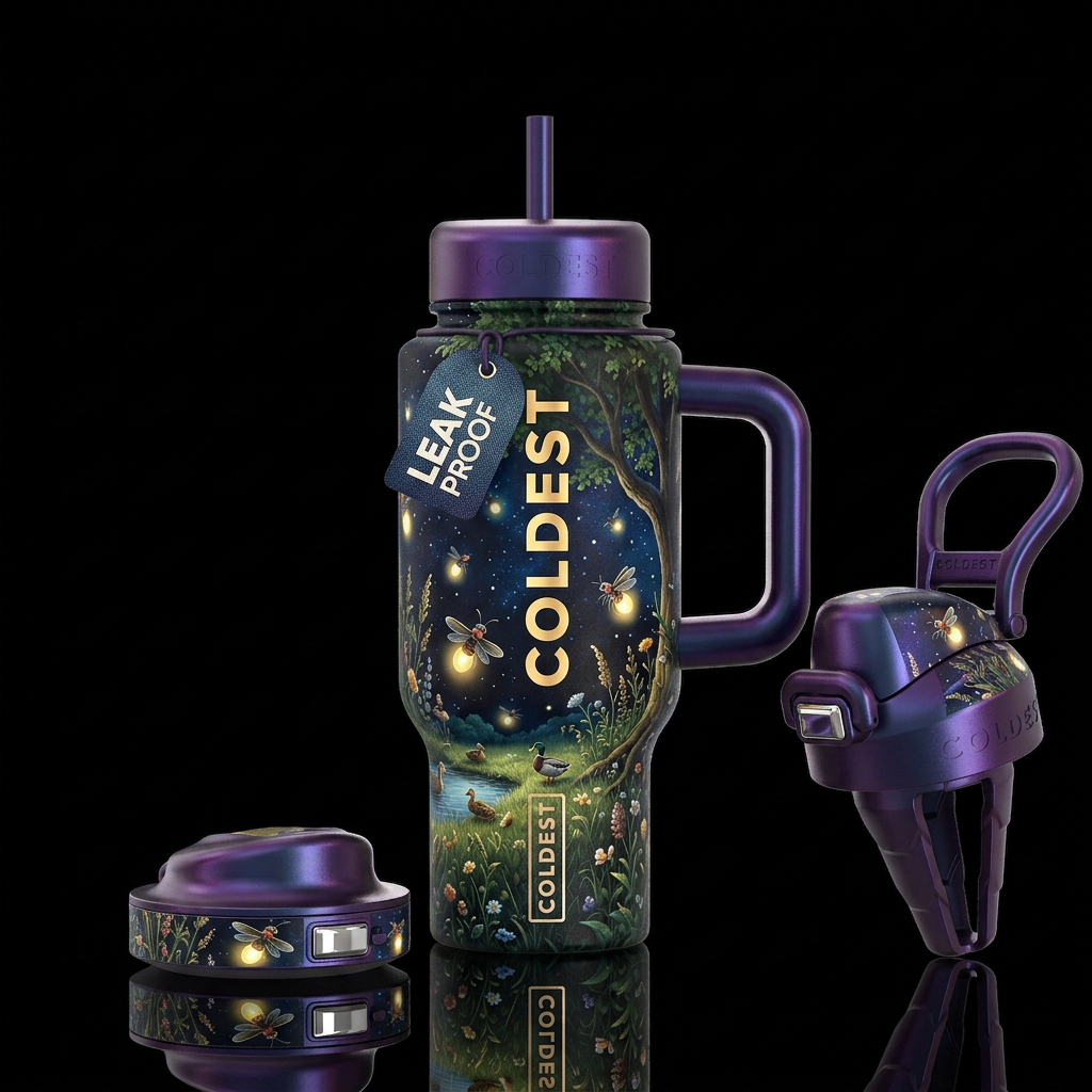 Baby fireflies close up with light bulb, tall weed... water bottle design