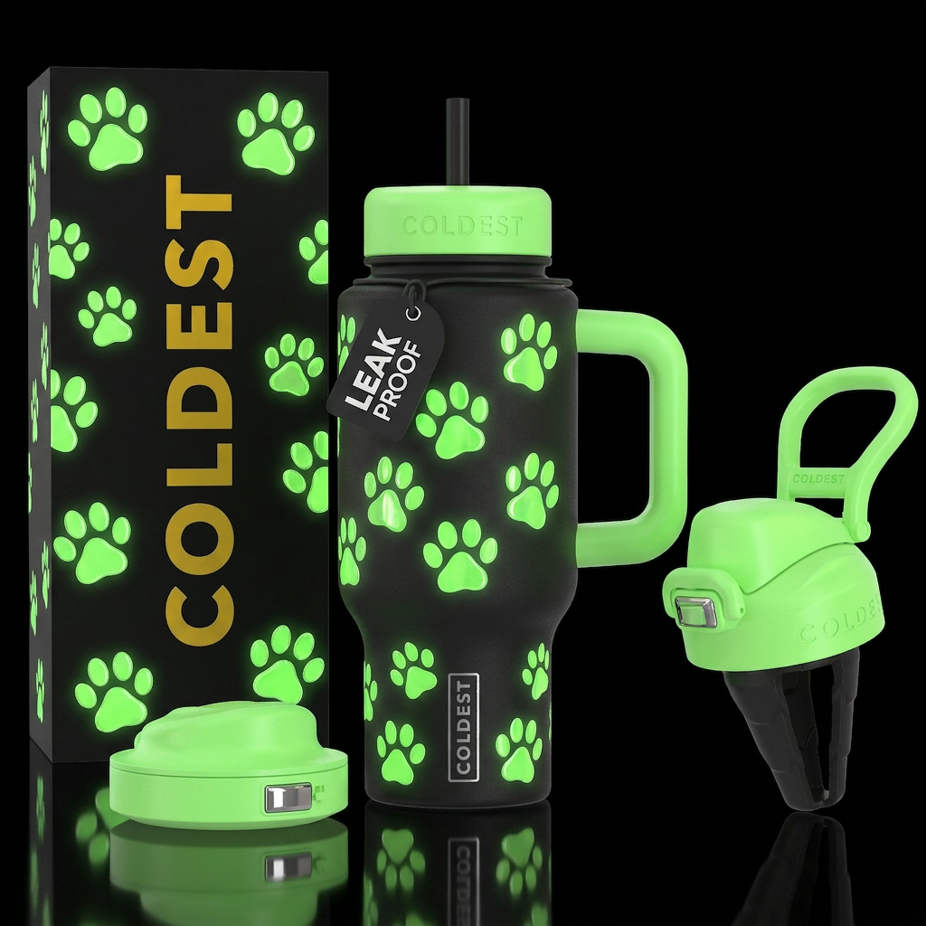 Glow in the dark lime paws medium size, shiny, bri... water bottle design