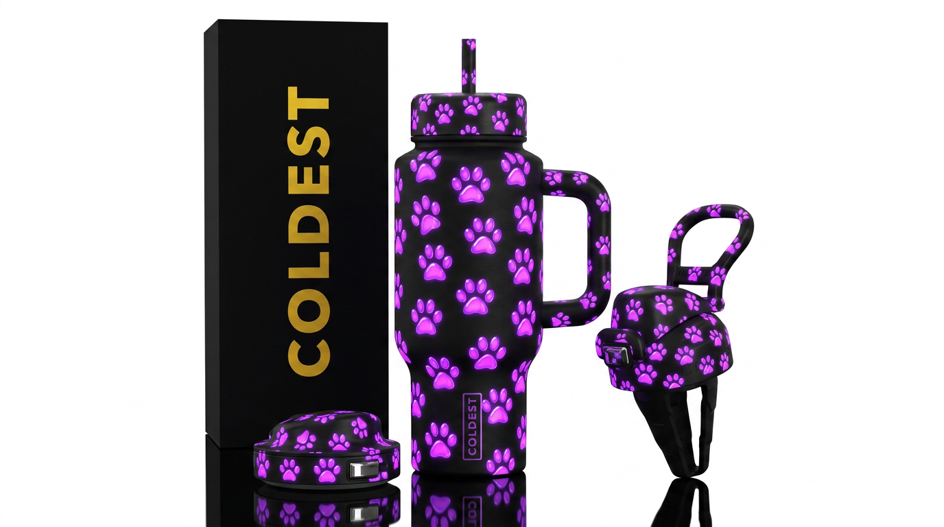 Glow in the dark purple paws medium size, shiny, b... water bottle design
