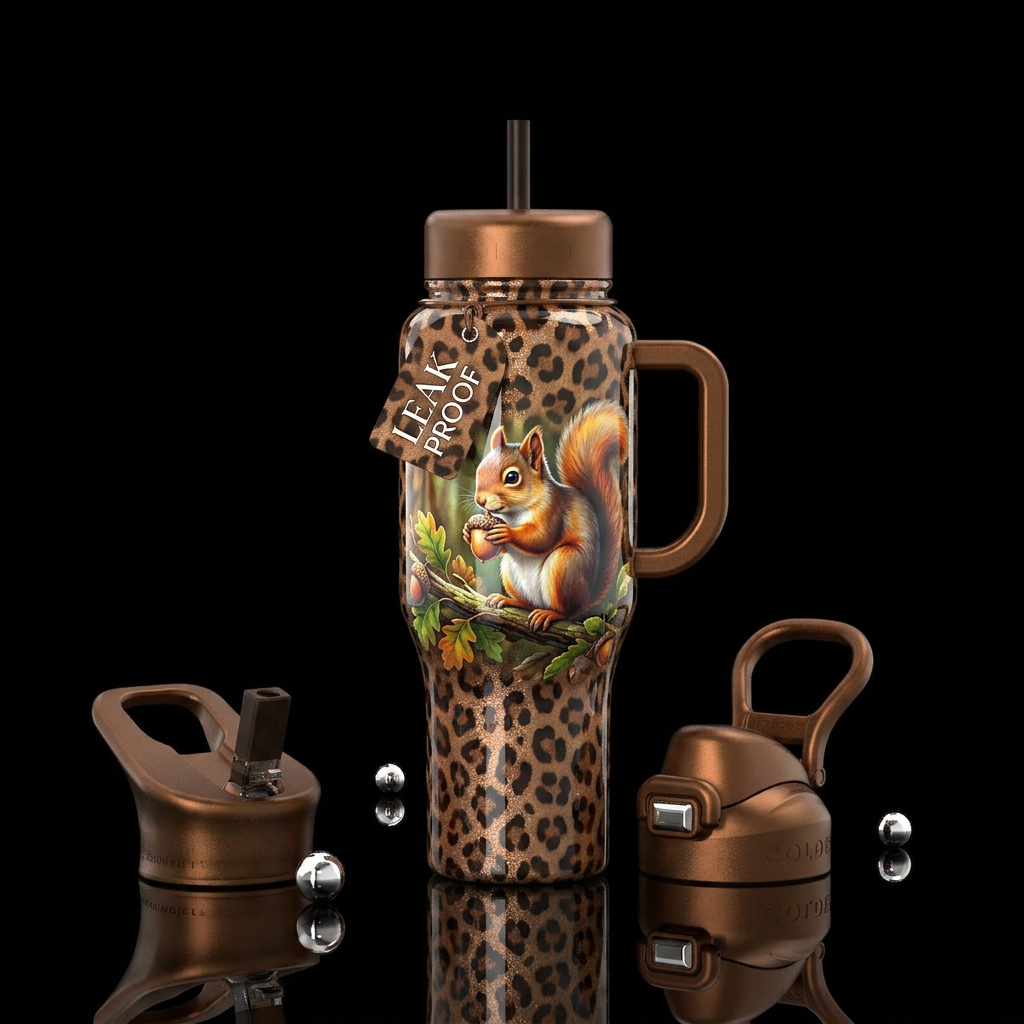 Brown leopard skin background, a squirrel sitting ... water bottle design