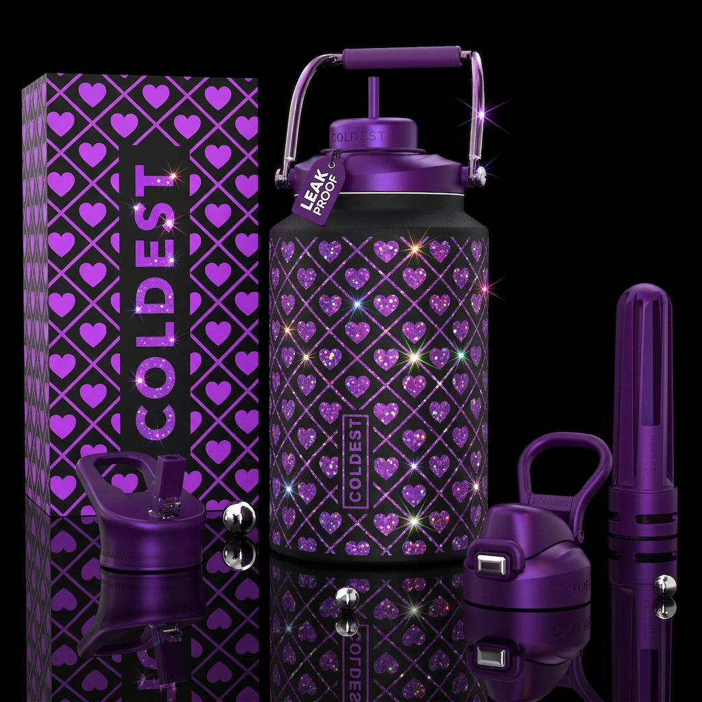 Purple heart inside diamonds all over bottle desig... water bottle design