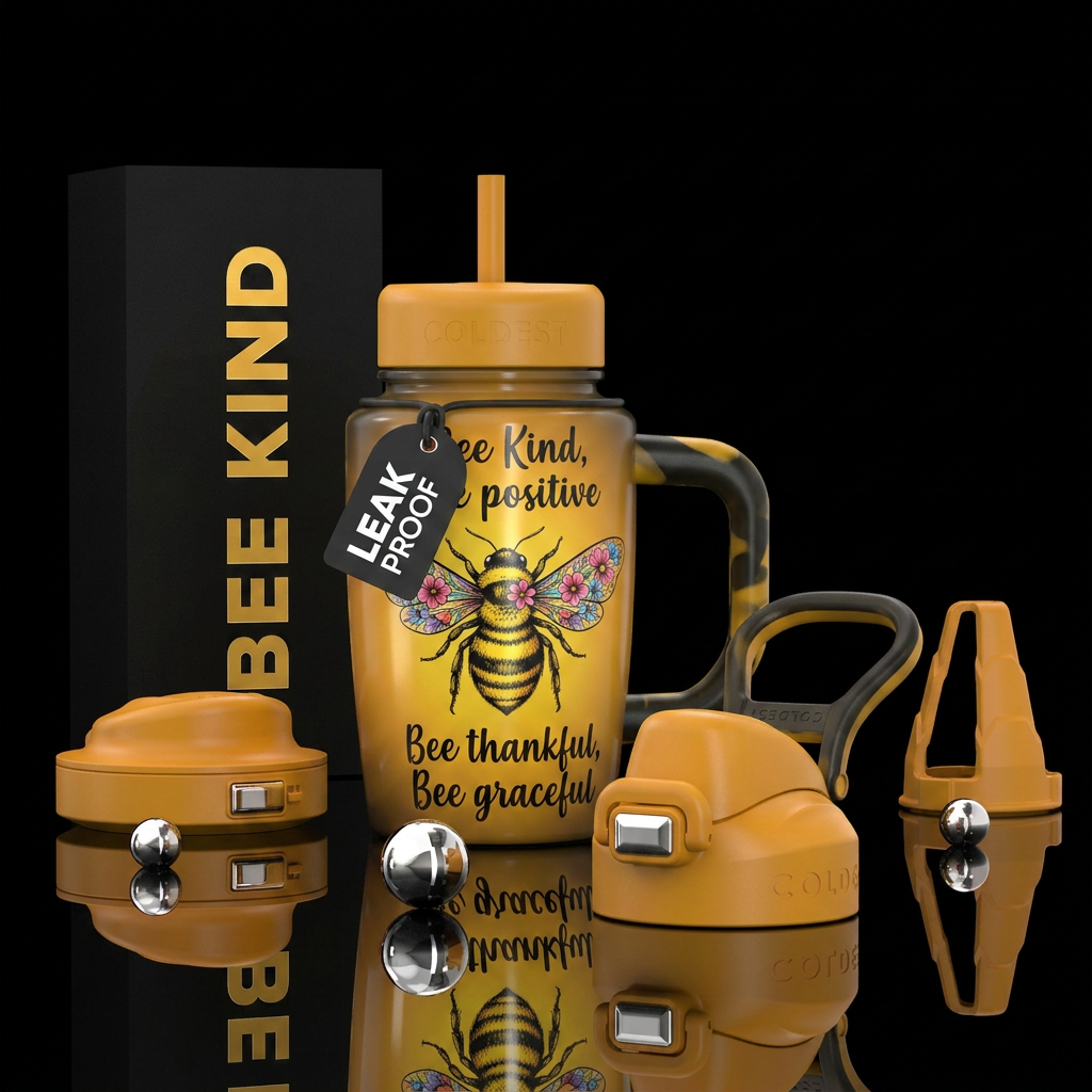 A yellow & black bee with flowers on it's wings.. ... water bottle design
