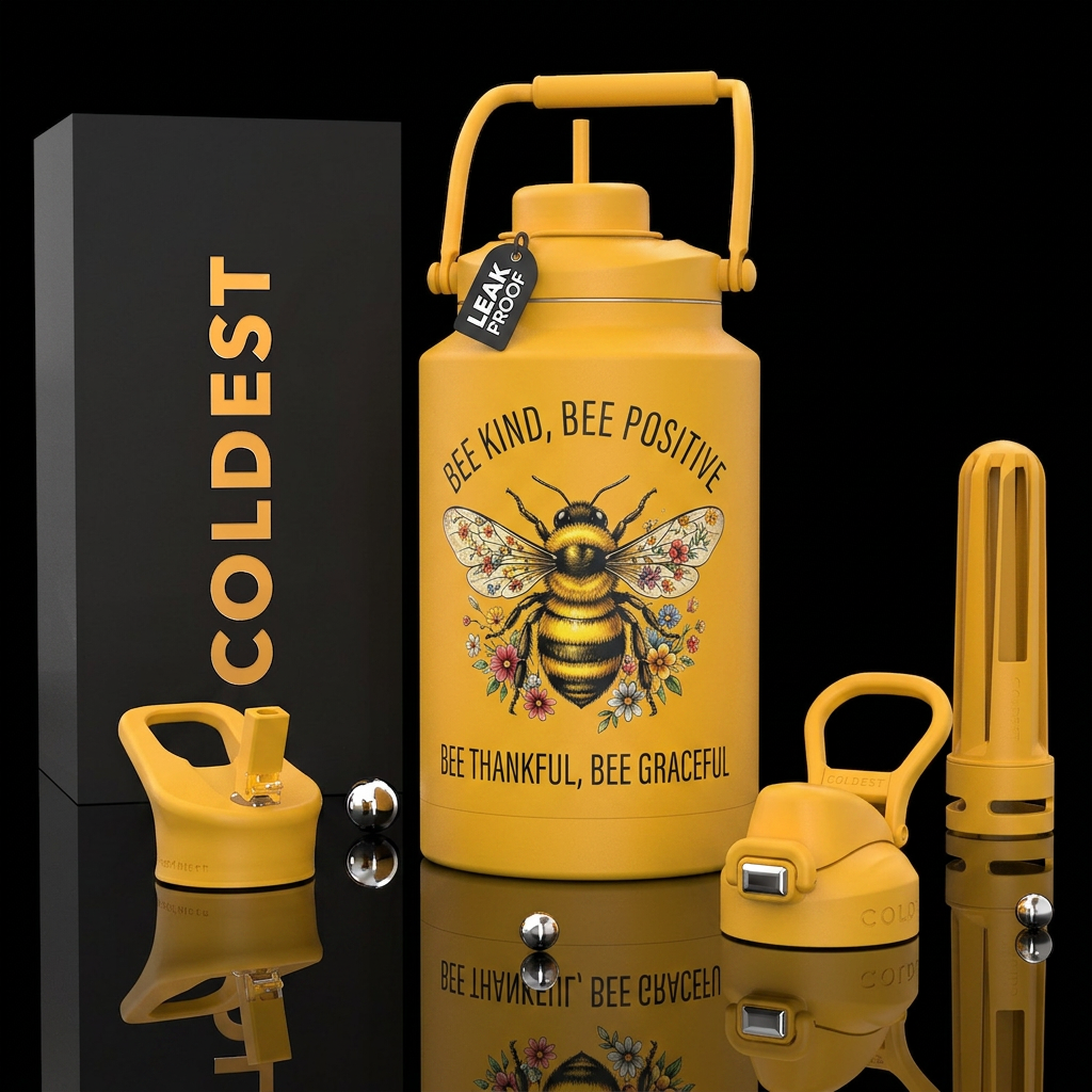 Realistic  yellow & black bee with flowers on both... water bottle design