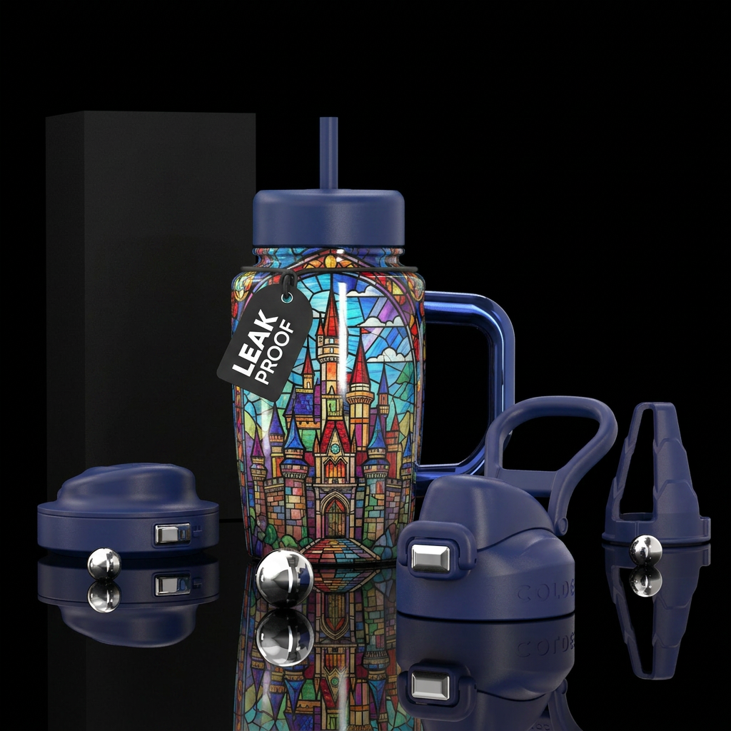 Large Castle,  stained glass, no coldest logo water bottle design