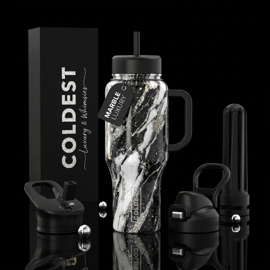 Black & white Marble, luxurious, whimsical, sparkl... water bottle design