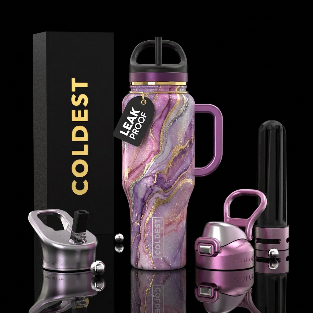 Purple, pink, gold, silver, Marble, luxurious, whi... water bottle design