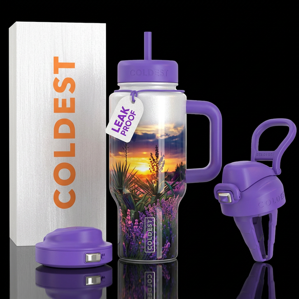 White shimmery bottle,, exotic plants, lavender, s... water bottle design