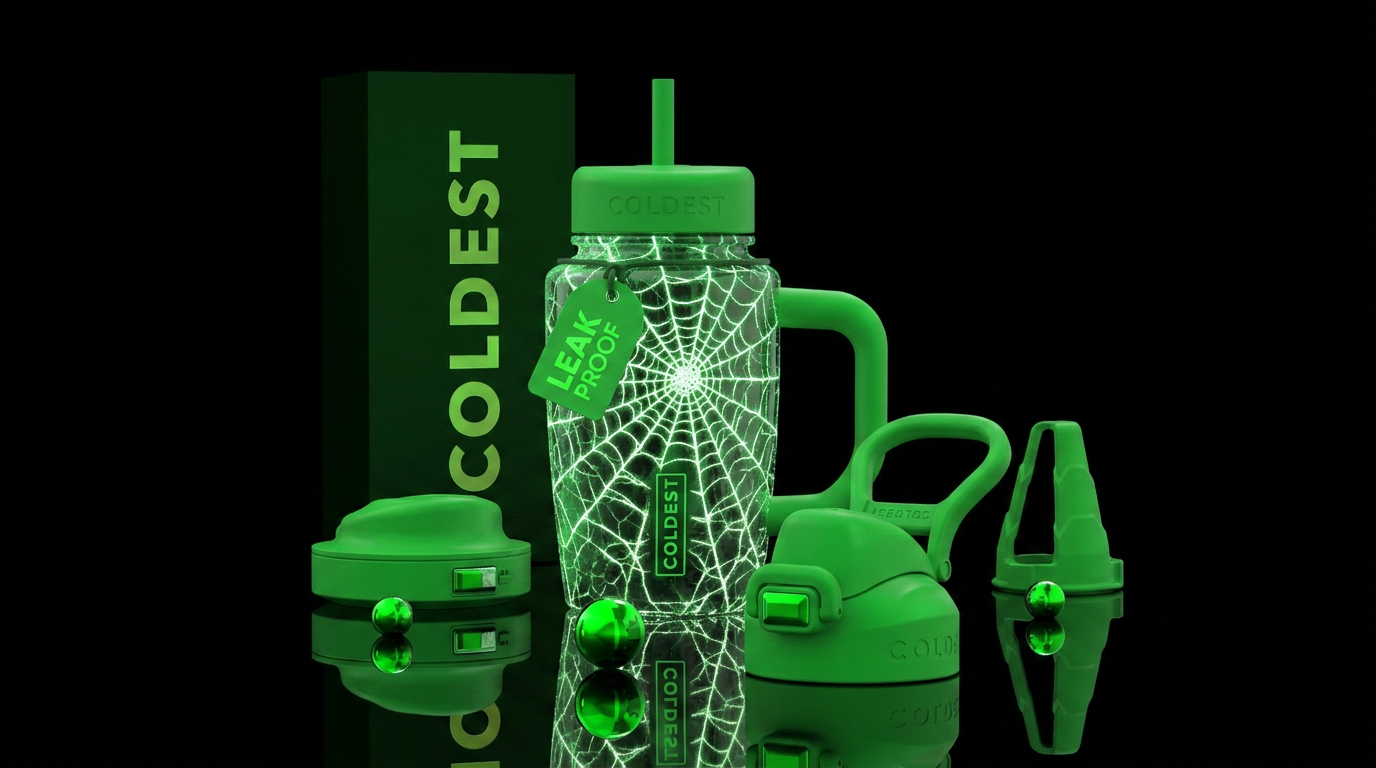 Glow in the dark glass spider web, cracked, realis... water bottle design